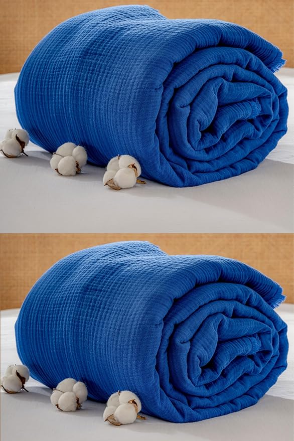 Muslin Blanket - Pure 100% Turkish Cotton Airy Soft Light Versatile Gauze Throw Blanket for Bed, Couch, Sofa (Blue, California King Size (95" x 125" inch))
