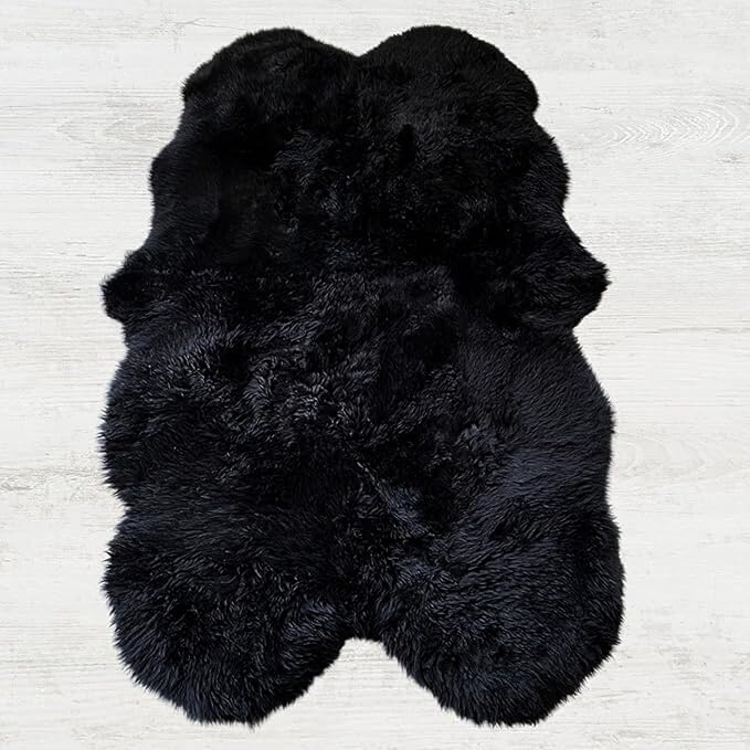 Woolous Sheepskin Rug 4x6 – Genuine New Zealand Large Quad Real Natural Lambskin Area Rug Carpet for Bedroom, Living Room, and Nursery Décor（Black,Quad pelt 4x6）