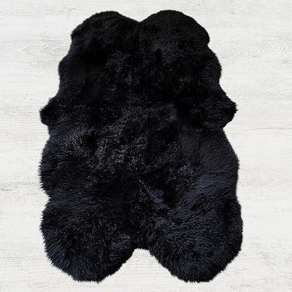 Woolous Sheepskin Rug 4x6 – Genuine New Zealand Large Quad Real Natural Lambskin Area Rug Carpet for Bedroom, Living Room, and Nursery Décor（Black,Quad pelt 4x6）