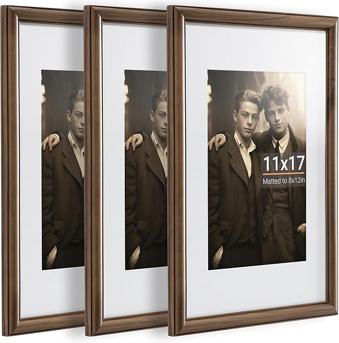 Heimlove 11x17 Picture Frame,11 x 17 Natural Solid Walnut Wood Frame Matted to 8x12 with Tempered Glass,11"x14" Handcrafted wood Poster Frame,Vertical or Horizontal Wall Hanging Display,3 Pack