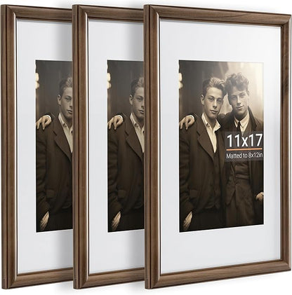 Heimlove 11x17 Picture Frame,11 x 17 Natural Solid Walnut Wood Frame Matted to 8x12 with Tempered Glass,11"x14" Handcrafted wood Poster Frame,Vertical or Horizontal Wall Hanging Display,3 Pack