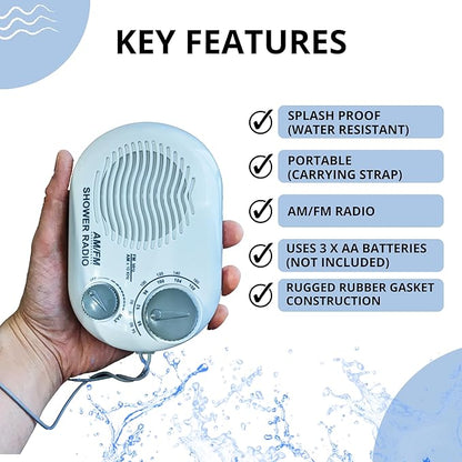 Shower Radio - Includes Carrying or Hanging Strap. Portable Design Perfect for Bathroom, Kitchen, and Outdoor. Built in Speaker, Battery Operated Radio