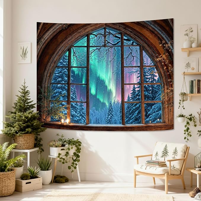 Lifeel Aurora Snowy Landscape Tapestry, Forest Winter Night Scenic Window Tapestries, Home Decor for Bedroom Living Room, 36x48 inches
