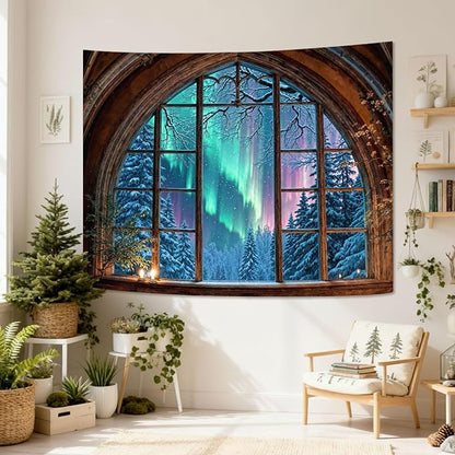 Lifeel Aurora Snowy Landscape Tapestry, Forest Winter Night Scenic Window Tapestries, Home Decor for Bedroom Living Room, 36x48 inches