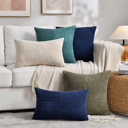 Fancy Homi 2 Packs Tan Lumbar Decorative Throw Pillow Covers 20x28 Inch for Living Room Couch Bed Sofa, Boho Home Decor, Soft Striped Corduroy Rectangle Accent Beige Cushion Case 50x70 cm