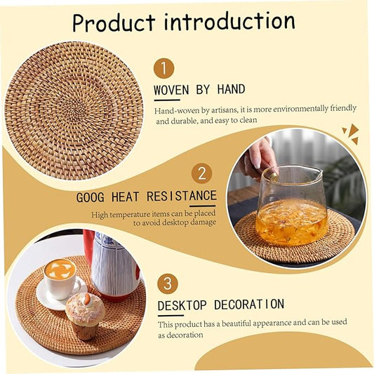 2PCS Round Rattan Placemats 14 Inch Natural Woven Boho Placemats Heat Resistant Round Woven for Indoor Outdoor Home Dining Table Supplies..