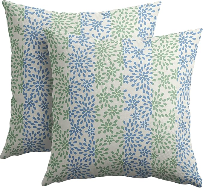 Blue Green Pillow Covers 16x16 Set of 2 Modern Geometry Dahlia Floral Print Pattern Outdoor Decorative Linen Zipper Throw Pillows Cases Cushion Cover Rustic Decoration Farmhouse Sofa Couch Bed Decor