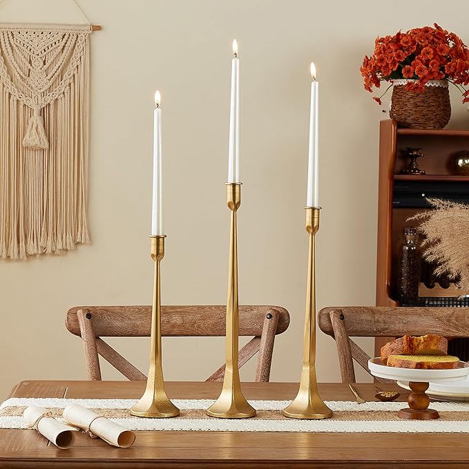 Iron Taper Candle Holder Set of 3 15.5" 14" 12" Decorative Modern Vintage Metal Tall Candlestick Holders for Wedding, Dinning Table,Mantle, Party Decoration（3, Antique Brass）
