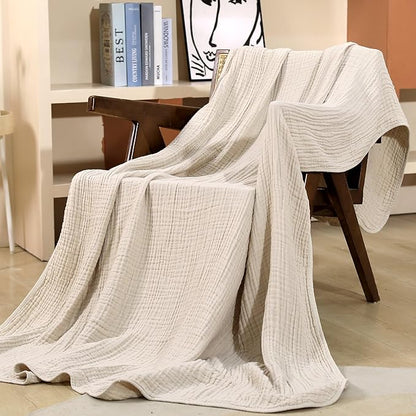 Yoofoss Muslin Blanket 100% Organic Cotton Throw Large 90" x 108" for Bed Couch Summer Gauze Blanket for Adults Lightweight and Breathable Apricot White