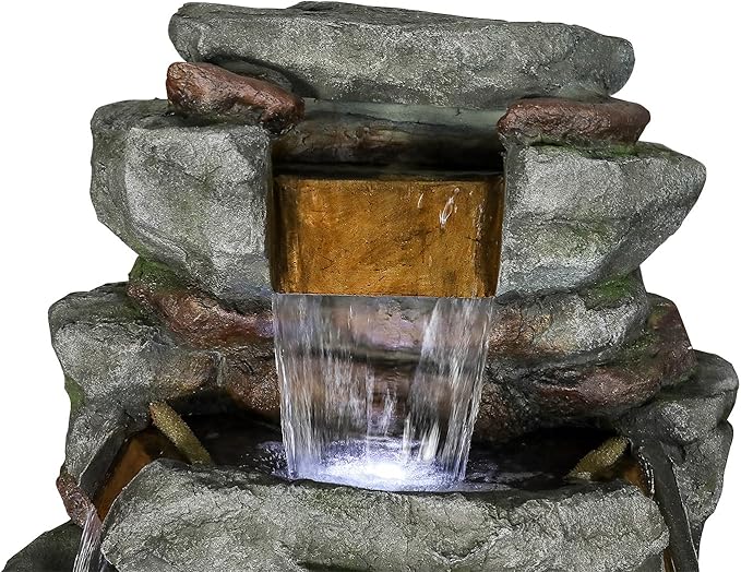 SunJet 79" High Multi-Tiers Cascading Rock Outdoor Water Fountain with LED Lights - Large Outdoor Fountains and Waterfalls for Garden or Patio, Yard, and Deck Decor, Featuring Natural Stone Look