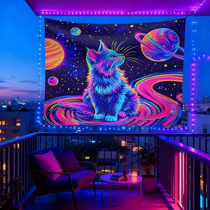 seewan Black Light Space Cat Tapestry, Glow-in-the-Dark UV Neon Galaxy Kitten with Planets Wall Hanging, Psychedelic Cosmic Art Tapestry, Bedroom Dorm Living Room Background Decor