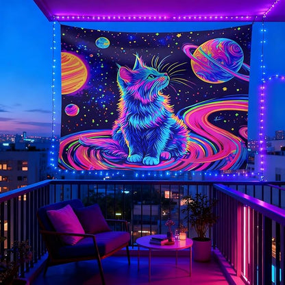 seewan Black Light Space Cat Tapestry, Glow-in-the-Dark UV Neon Galaxy Kitten with Planets Wall Hanging, Psychedelic Cosmic Art Tapestry, Bedroom Dorm Living Room Background Decor