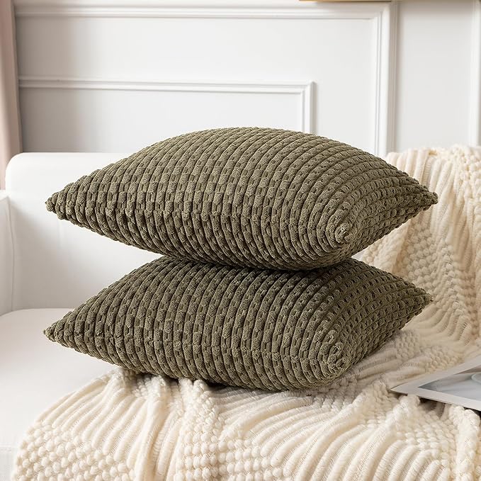 Kevin Textile Pack of 2 Corduroy Decorative Throw Pillow Covers 18x18 Inch Soft Boho Striped Pillow Covers Modern Farmhouse Home Decor for Sofa Living Room Couch Bed Olive Green