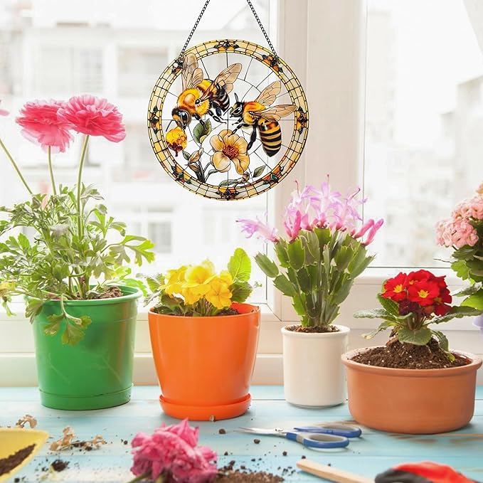 Bee Window Hangings Decor - Acrylic Sun Catcher Ornaments with Hook & Chain,Art SunCatcher Pendant for Gifts Indoor Outdoor Home Wall Living Room Spring Summer Decoration (Double Bee)