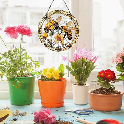 Bee Window Hangings Decor - Acrylic Sun Catcher Ornaments with Hook & Chain,Art SunCatcher Pendant for Gifts Indoor Outdoor Home Wall Living Room Spring Summer Decoration (Double Bee)