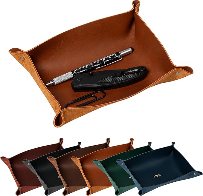 Northwind Personalized Leather Valet Tray – Custom Engraved Full Grain Leather Catchall Tray for Men, Handmade in USA Desk Organizer & Groomsmen Gift, Perfect Storage for Nightstand, Dresser