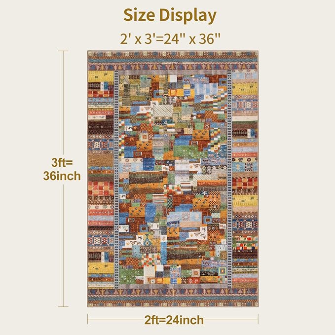 Tangsoo 2x3 Small Rugs for Entryway,Washable Vintage Entry Rug Non Slip, Soft Low Pile Throw Rugs Tribal Front Indoor Rug Small Carpet for Entrance Bedroom Kitchen Laundry Bedside (Yellow Multi)