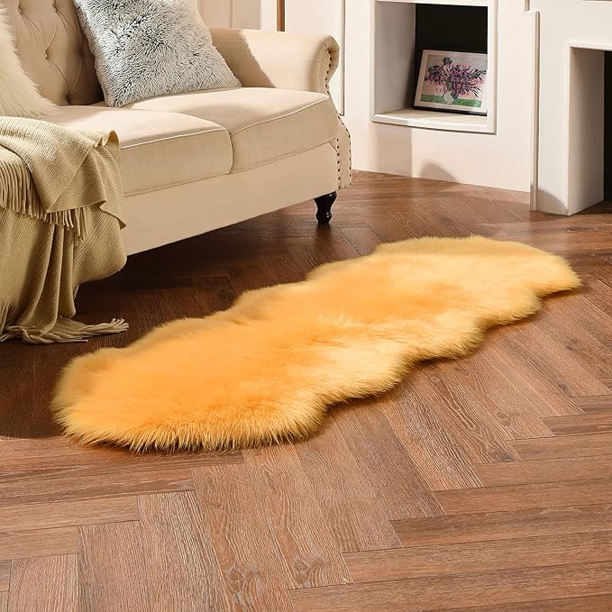 duduta Yellow Faux Sheepskin Runner Rugs 2x6 ft, Fluffy Shag Bedroom Rug Fur Sofa Couch Covers Washable