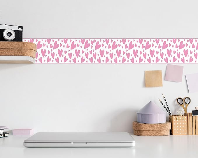 FLFK Pink Heart Wallpaper Border - Peel and Stick Wall Paper, Self Adhesive Removable PVC Borders Sticker, Modern Waterproof Trim for Home Decor, 6" x 240"
