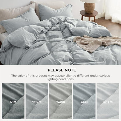 Bedsure 100% Washed Cotton Duvet Cover Queen Size - Pastel Blue Minimalist Cotton Duvet Cover Linen Like for All Seasons - GentleSoft™ Plain Simple Bedding (Pastel Blue, Queen, 90"x90")