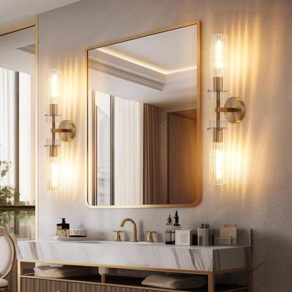 Brass Gold 2-Light Knurled Wall Sconce, Dual-Head Vanity Lamp with Vertical Striped Glass Tube, Bathroom Wall Sconces, Wall Lights for Living Room Bedroom Hallway Kitchen Bathroom Mirror
