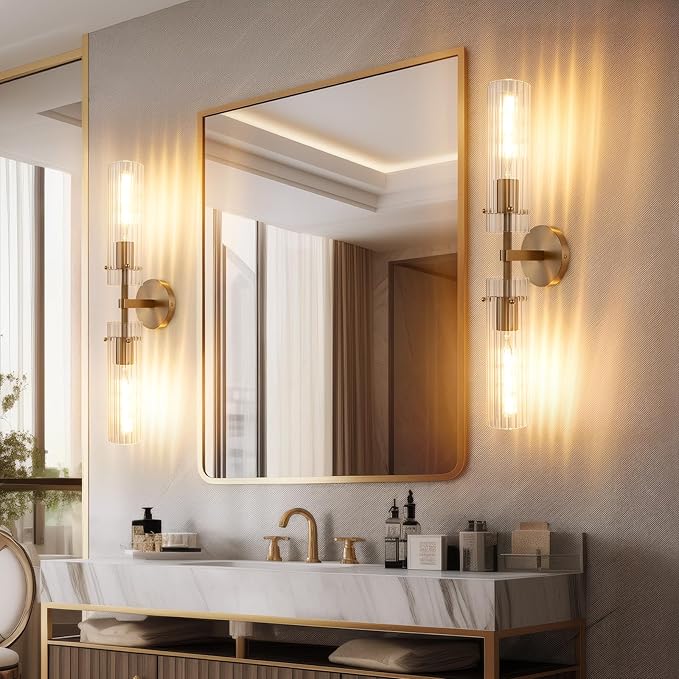 Brass Gold 2-Light Knurled Wall Sconce, Dual-Head Vanity Lamp Set of Two with Vertical Striped Glass Tube, Bathroom Wall Sconces, Wall Lights for Living Room Bedroom Hallway Kitchen Bathroom Mirror