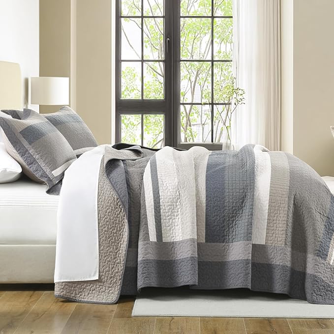 100% Cotton Quilts King Size, King Quilt Bedding Set Bedspread, Striped Quilt for King Bed, 3 Pieces Farmhouse Reversible Lightweight Comforter Bed Spread, Brown/Beige/Taupe