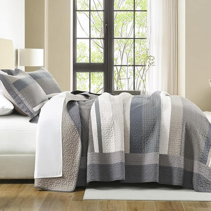 100% Cotton Quilts King Size, King Quilt Bedding Set Bedspread, Striped Quilt for King Bed, 3 Pieces Farmhouse Reversible Lightweight Comforter Bed Spread, Brown/Beige/Taupe