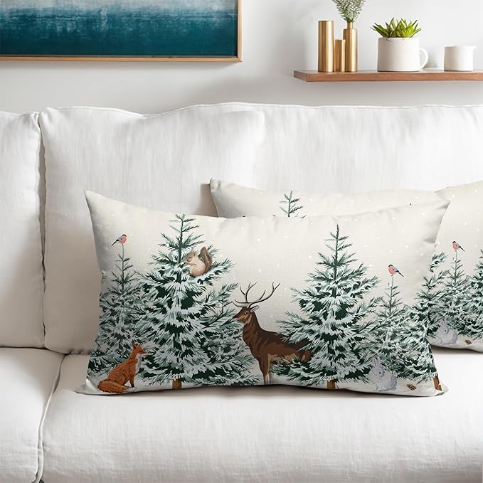 Christmas Tree Lumbar Pillow Covers 12x20 Set of 2 Deer Animal Print Decorative Outdoor Dark Green Xmas Throw Pillow Cases Rustic Winter Holiday Decoration Farmhouse Sofa Couch Cushion Cover Bed Decor