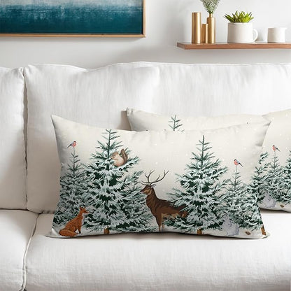 Christmas Tree Lumbar Pillow Covers 12x20 Set of 2 Deer Animal Print Decorative Outdoor Dark Green Xmas Throw Pillow Cases Rustic Winter Holiday Decoration Farmhouse Sofa Couch Cushion Cover Bed Decor