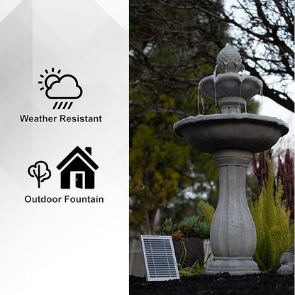 XBrand 44" H White Fiberglass/Resin 2-Tier Solar Water Feature w/Auto-Off Pump - Tall Outdoor Birdbath Fountain