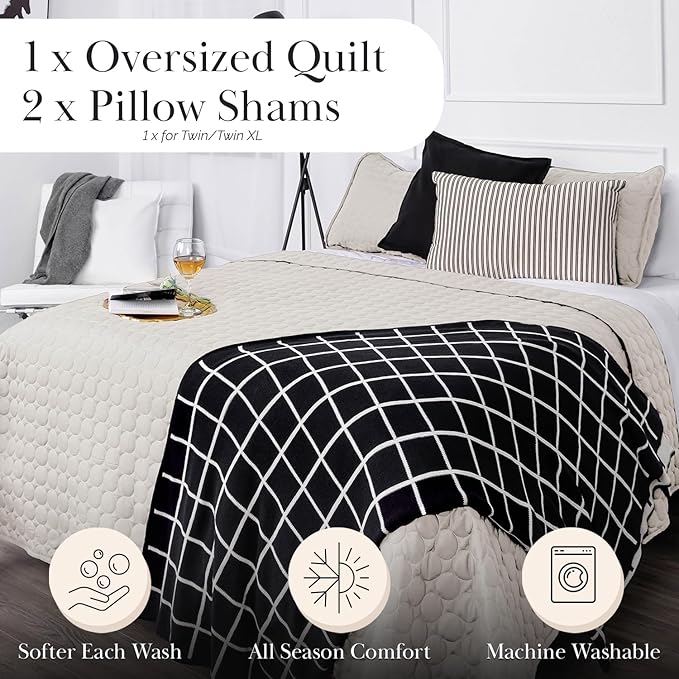 Southshore Fine Living, Inc. Quilted Summer Comforter, Queen Size Bedding Set with 2 Quilted Pillow Shams, Geometric Circle Design Coverlet, Queen/Full Size Bedspread, Lightweight Quilt, Bone