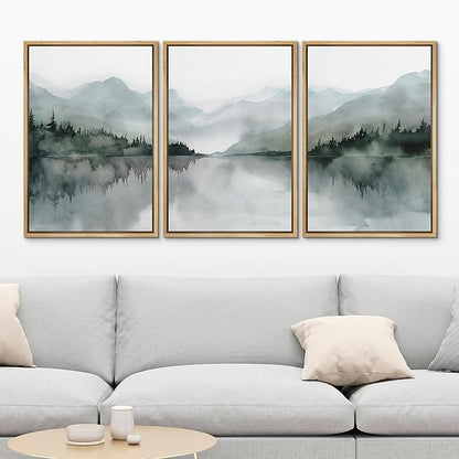 MUDECOR Framed Wall Art Print Set Misty Mountain Lake Watercolor Serene Illustrations Modern Art Boho Decorative Colorful Chic for Living Room, Bedroom, Office - 24"x36"x3 Natural