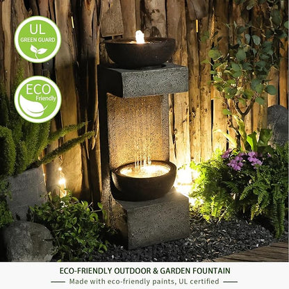 Waterfall Fountain Outdoor Garden Decor for Patio, Backyard, Deck, Porch and Home Art Decor, Outdoor Fountains and Waterfalls with Lights and Pebbles