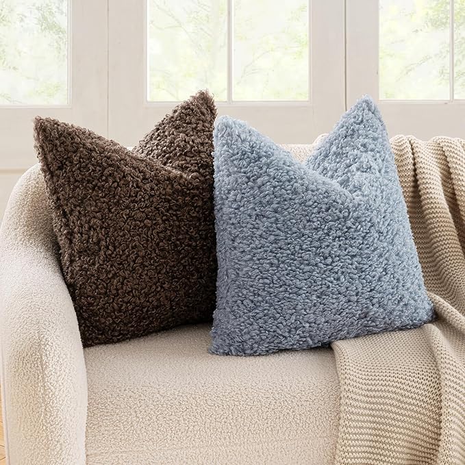 MIULEE Pack of 2 Dusty Blue Faux Fur Throw Pillow Covers 18x18 Inch Boucle Decorative Sherpa Pillow Covers Fuzzy Accent Soft Sheepskin Fleece for Boho Home Decor Sofa Living Room Couch Bed