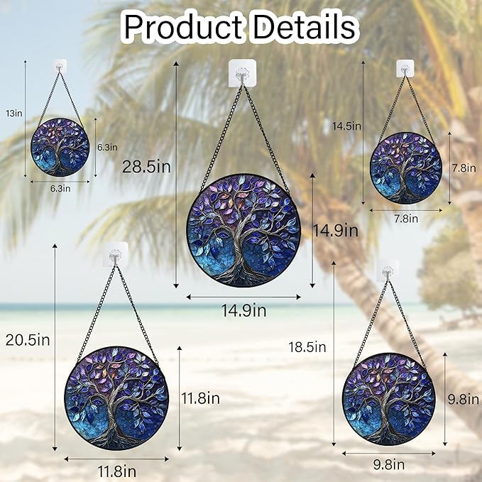 DASTOLL Stained Glass Window Hanging, Blue Purple Tree of Life Sun Catchers Colorful Glass Panel Plants Suncatcher Decor for Birthday for Women,Men,Wife, Lovers, and Mom 11.8x11.8 in