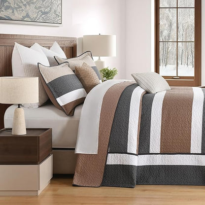 SahSahCasa 128"x120" 100% Cotton Oversized California King Bedspread Striped Quilt Set, Cal King Quilted Bedspread Extra Large Coverlet, XL Bed Spread Lightweight Comforter, Charcoal/Brown/Beige
