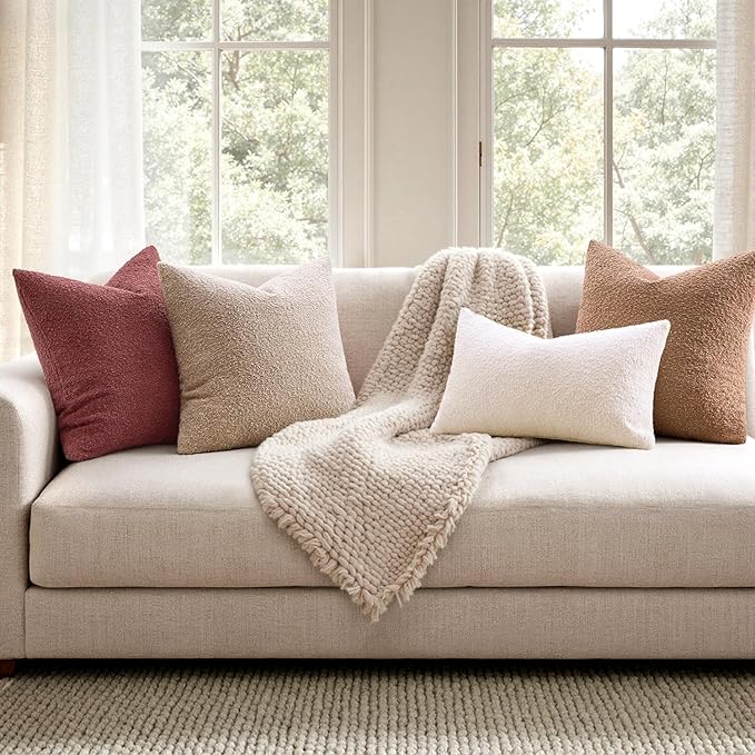 Woaboy Pack of 2 18x18 Inch Decorative Boucle Throw Pillow Covers Textured Square Pillowcaes Accent Solid Cozy Soft Cushion Covers Home Decor for Sofa Couch Living Room Home Decor,Burgundy