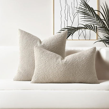 HAUSSY Set of 2 22x22 Decorative Throw Pillow Covers, Soft Cozy Textured Boucle Couch Cases, Home Decor for Couch Bed Living Room, Beige