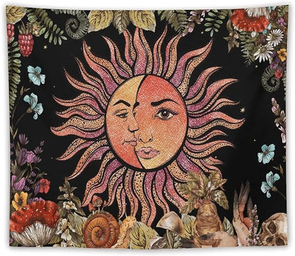 Vintage Sun Tapestry,Boho Hippie Mushroom Plant Botanical Sun and Moon Art Tapestries Wall Hanging for Dorm Living Room Bedroom Decor(50"x60")