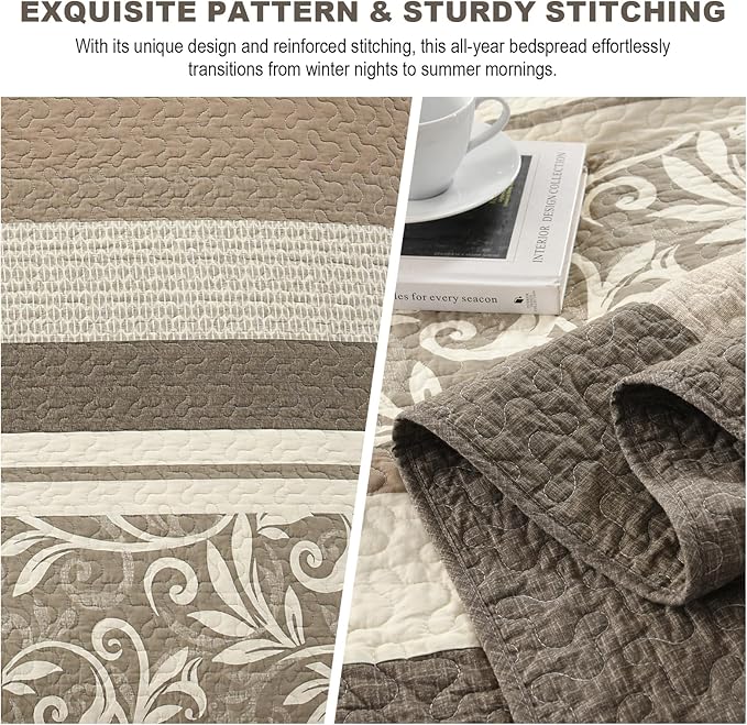 Lightweight Queen Bedspreads 120x102, 100% Cotton Oversized Quilt, Striped Botanical Pattern Coverlet, Reversible Farmhouse Quilted Bedding Set 3 Piece, Brown/Beige