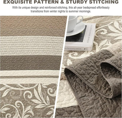 Lightweight King Bedspreads 120x120, 100% Cotton Oversized Quilt, Striped Botanical Pattern Coverlet, Reversible Farmhouse Quilted Bedding Set 3 Piece, Brown/Beige