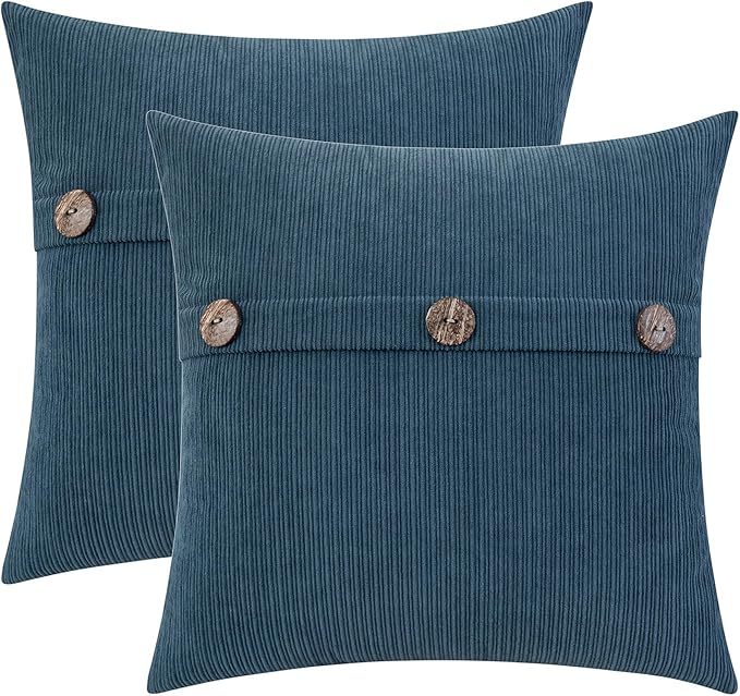 HWY 50 Blue Chenille Throw Pillow Covers 20x20 Inch with Triple Buttons, Soft Farmhouse Accent Decorative Cushion Cases for Couch Sofa Bed Living Room Pack of 2