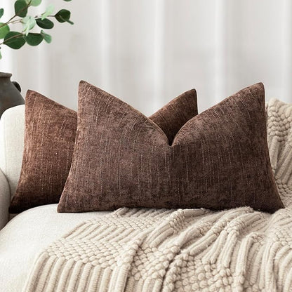 Foindtower Pack of 2 Textured Chenille Throw Decorative Pillow Covers Square Accent Solid Cushion Cover Neutral Farmhouse Lumbar Pillow Case for Couch Sofa Bedroom Living Room 12x24 Inch,Red Brown