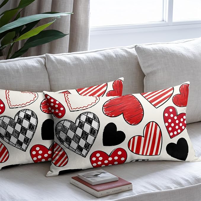 Valentines Day Pillow Covers 12x20 Set of 2 Black Red Heart Throw Pillow Covers Love Pillowcase Linen Decoration Farmhouse Holiday Cozy Soft Cushion Case Couch for Indoor Outdoor Home Decor