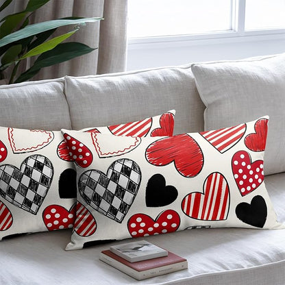 Valentines Day Pillow Covers 12x20 Set of 2 Black Red Heart Throw Pillow Covers Love Pillowcase Linen Decoration Farmhouse Holiday Cozy Soft Cushion Case Couch for Indoor Outdoor Home Decor