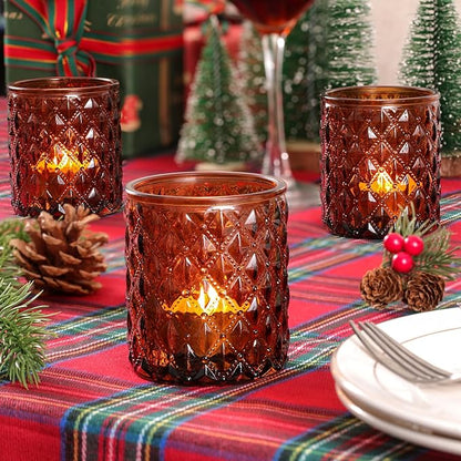 8Pcs Large Votive Candle Holders Amber Tea Light Candle Holders Glass Candle Holder for Wedding, Bridal Shower,Table Centerpiece,Party, Home Decor, Fall Decor