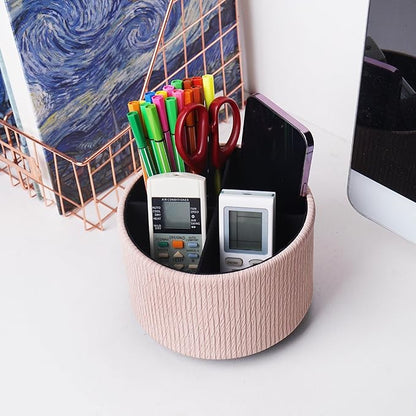 Round Leather Art Supply Organizer,Remote Control Holder,360 Degree Spinning,Multi-Functional Pencil Holder,4 Compartments Desktop Stationary Organizer(1-Wood Pink2)