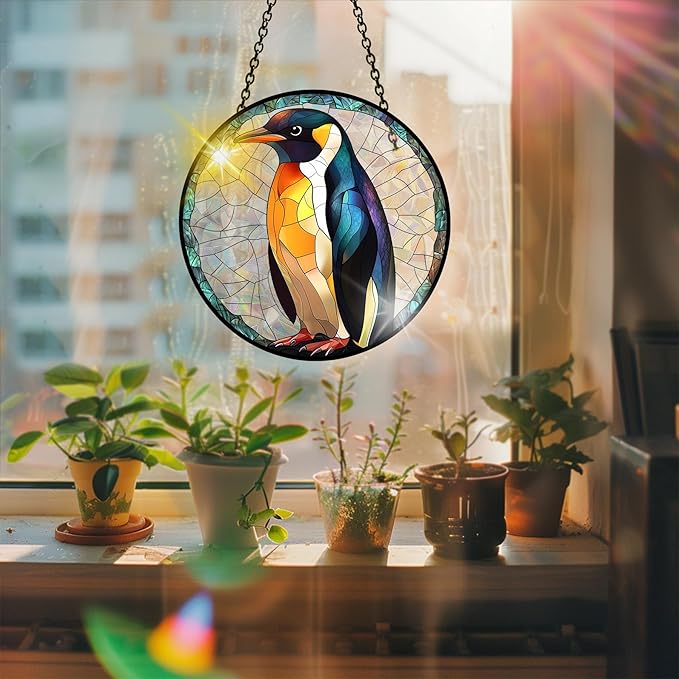 Bimkole Penguin Sun Catchers Indoor Window - Animals Acrylic Suncatcher Hanging Decoration for Living Room Bedroom Summer Home Balcony Outdoor Garden Ornaments Decoration 7.8x7.8 Inch