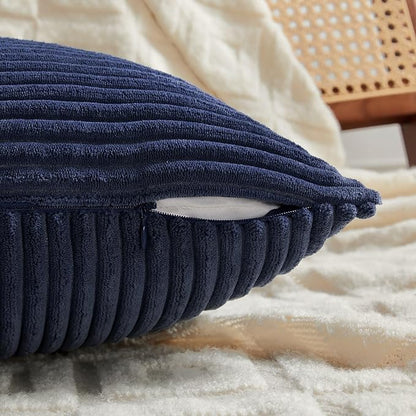Fancy Homi 2 Packs Navy Blue Lumbar Decorative Throw Pillow Covers 16x32 Inch for Living Room Couch, Rustic Farmhouse Boho Home Decor, Soft Striped Corduroy Rectangle Accent Cushion Case 40x80 cm